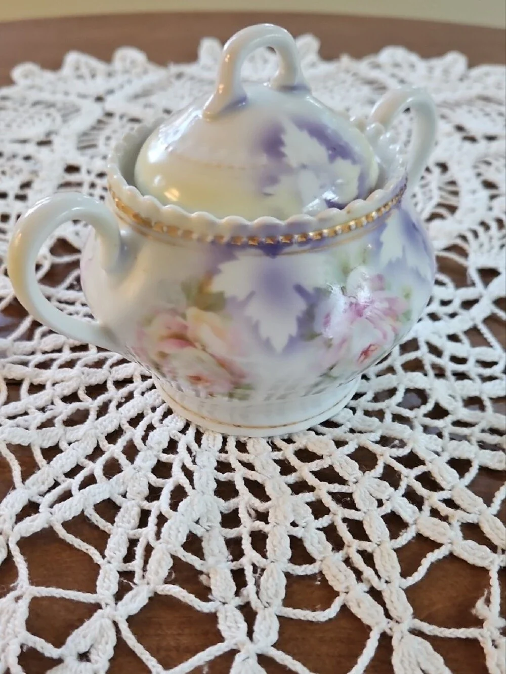Antique PK Silesia Lidded Sugar Bowl Rose Lusterware Germany Circa 1886-1914
